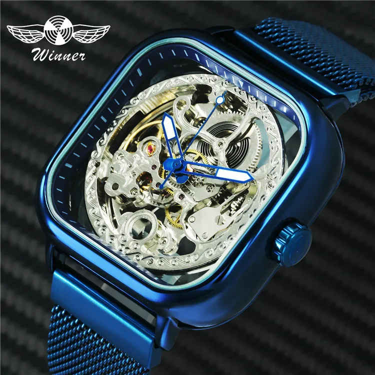 

Winner 075 Official Blue Mens Watches Top Brand Luxury Automatic Mechanical Watch Men Carved Magnet Mesh Strap Skeleton watch