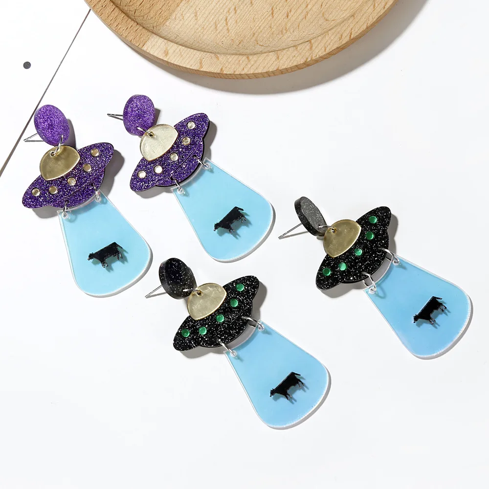 Fashion Hyperbole Funny Flying Saucer Resin Dangle Earrings Purple Black UFO Colorful Radial Cow Acrylic Drop Earrings
