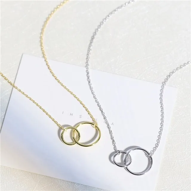 

925 Sterling Silver Two Interlocking Infinity Necklace Silver Colors Couple Interlocking Circle Double Ring Pendant Necklace, As picture