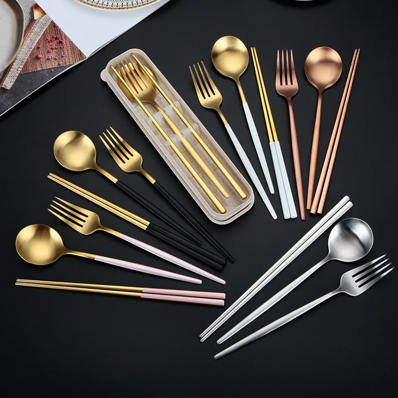 

Korean style flatware cutlery set, 410 stainless steel color handle spoon fork chopsticks tableware set portable travel cutlery, Multicolored