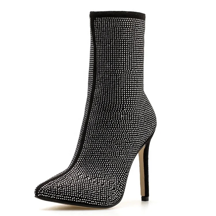

women fashion short boots high thin heel mid-calf boots shoe sexy pointed toe Side zipper bling sequins pumps, Black apricot