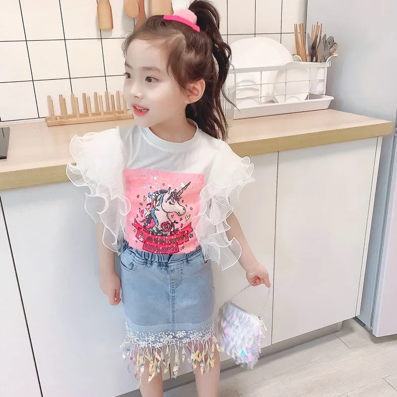 

New fashion Toddler Girl Clothing set sequined unicorn pattern short sleeve t shirt and shining tassels denim skirt set, Picture shows