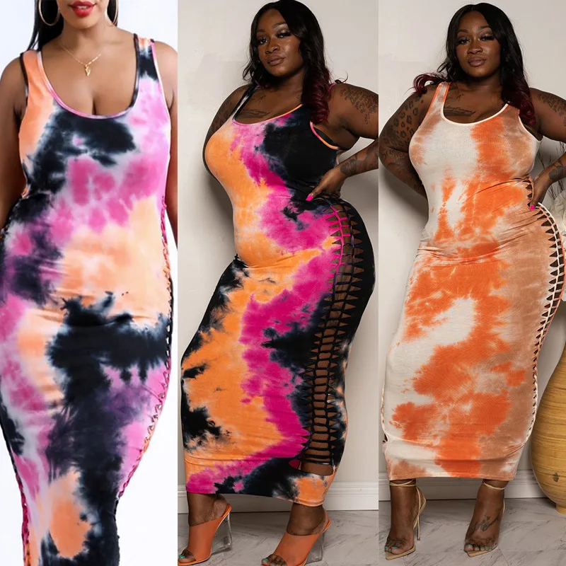 

F21395A 2020 HOT SALE 5XL plus-size tie-dye tight bag hip sleeveless sexy women dress, Pink, rose, orange