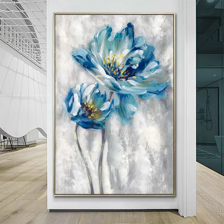 Handmade Modern Home Decor Art Canvas Abstract Blue Flower Oil Paintings Wall Hanging