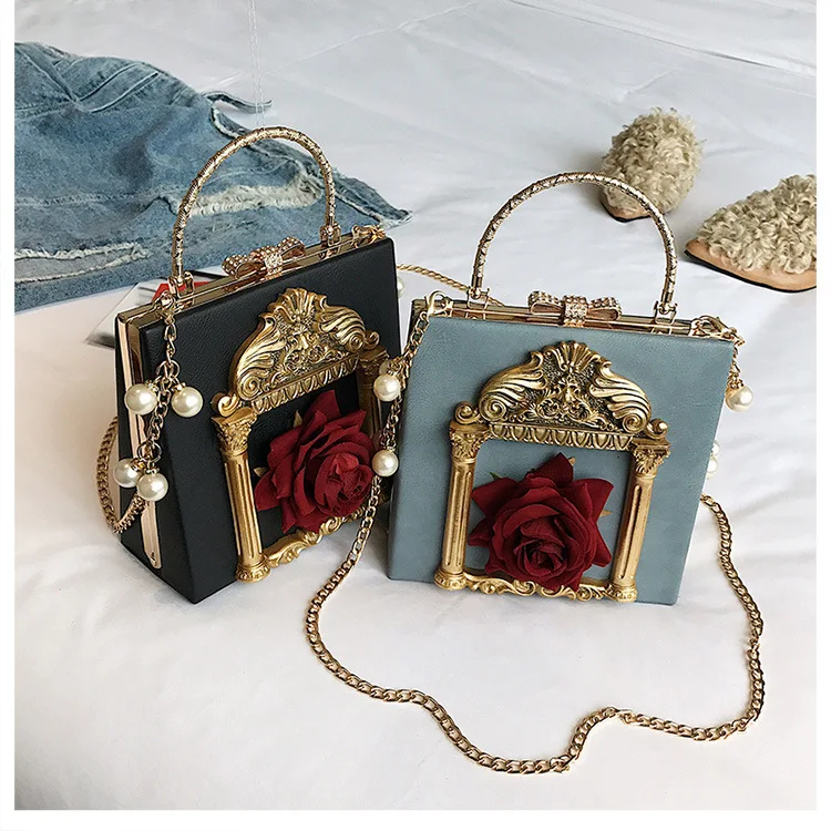

High-Class Hand Bags Ladies Metal Handle Bucket Bags Embossment Angelhood Rose Flowers Square Bags for Girls