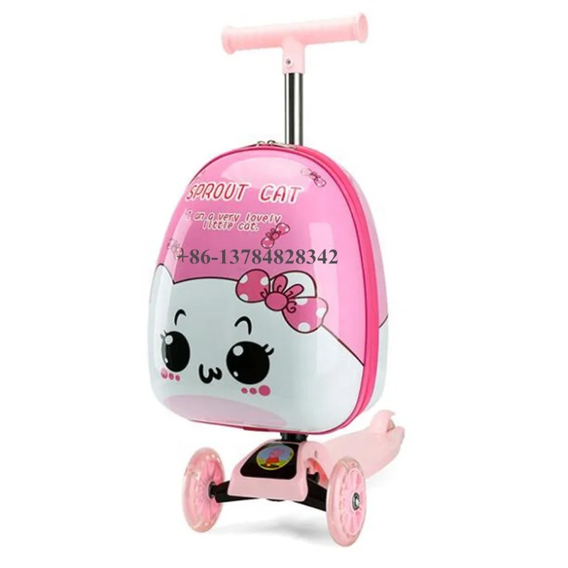 

custom design 19inch airport travel 3D trolley suitcase children foldable kids kick scooter bag ride on luggage