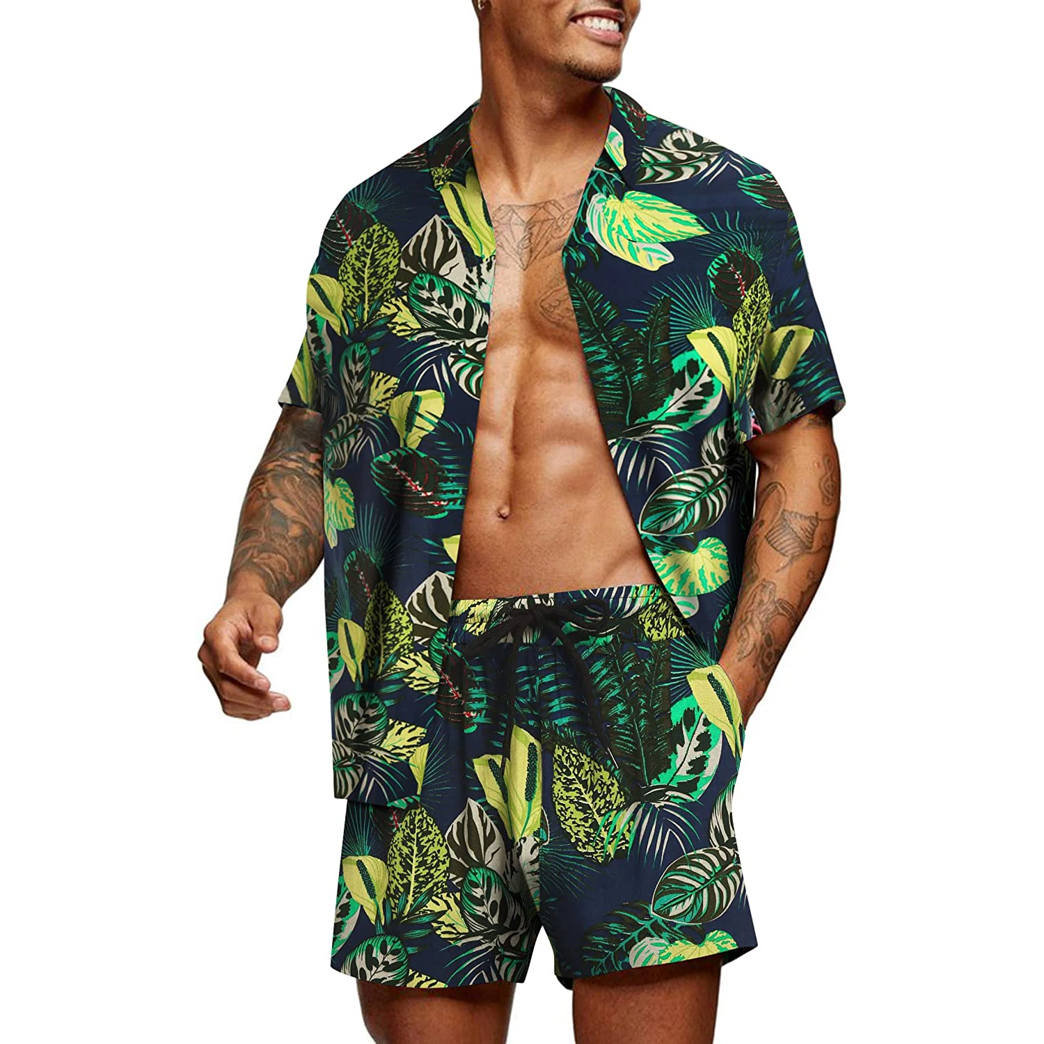 

Custom Full Over Printed Men's Flower Shirt Hawaiian Sets Casual Button Down Beach Wear Short Sleeve T Shirt