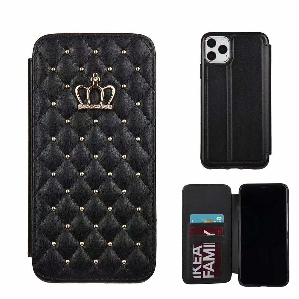 

Wholesale PU Leather Rivet Flip Card Cover Crown Top Grain Phone Case for iPhone 11 12 Pro Max Mobile Phone Bags, Black rose red pink white