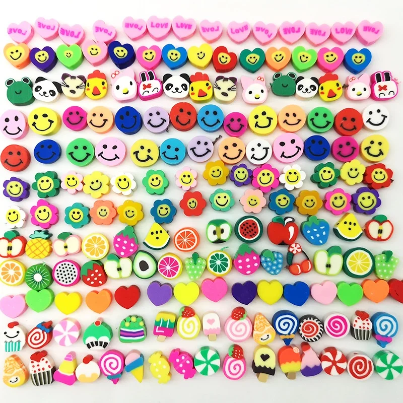 

100pcs/bag Colorful Flower Cartoon Animal Fruit Smiley Face Beads Diy Polymer Clay Beads For Bracelet Necklace Jewelry Making, As picture shows