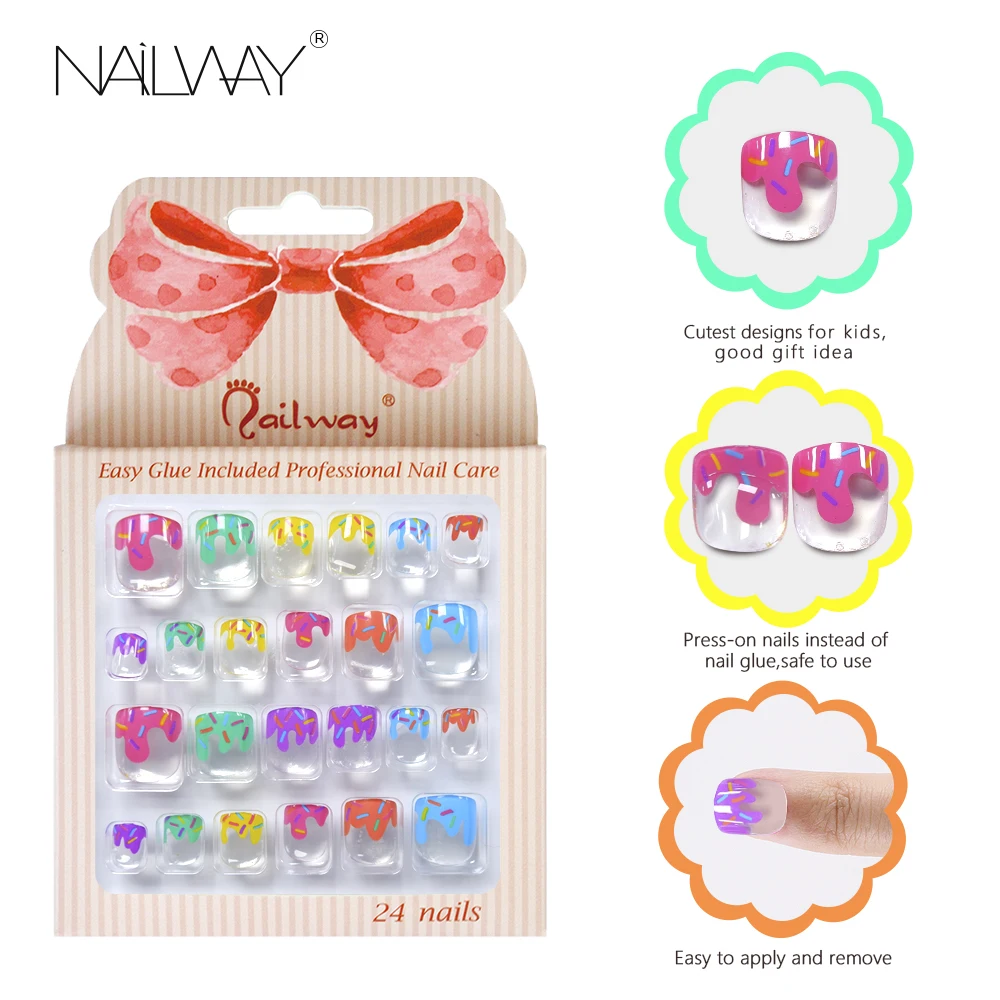 

24pcs High Quality Cartoon Pre Glued Kids Press On Nails With Glue Cute Decorated Artificial False Nails For Kids