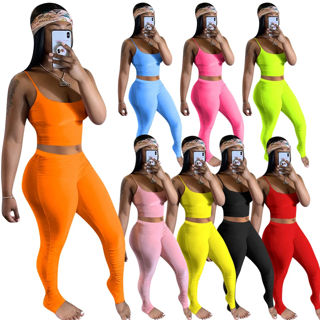 

Fitness Sporty Workout Two Piece Set Women Tracksuit Solid Strap Active Wear 2 Piece Outfits Crop Top and Pants Matching Sets