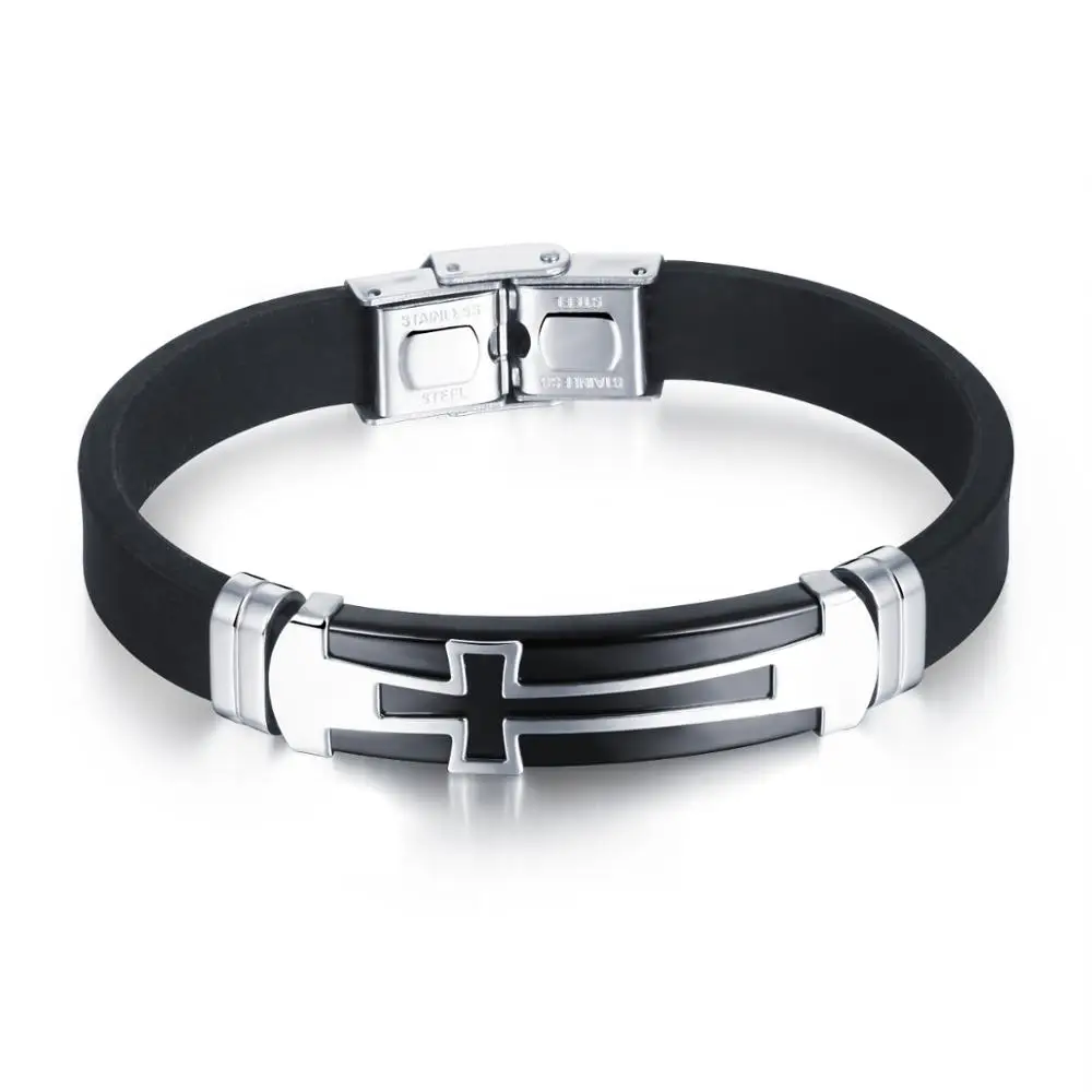 Cheap Custom Adjustable Stainless Steel Cross Wristband Rubber Silicone Bracelet