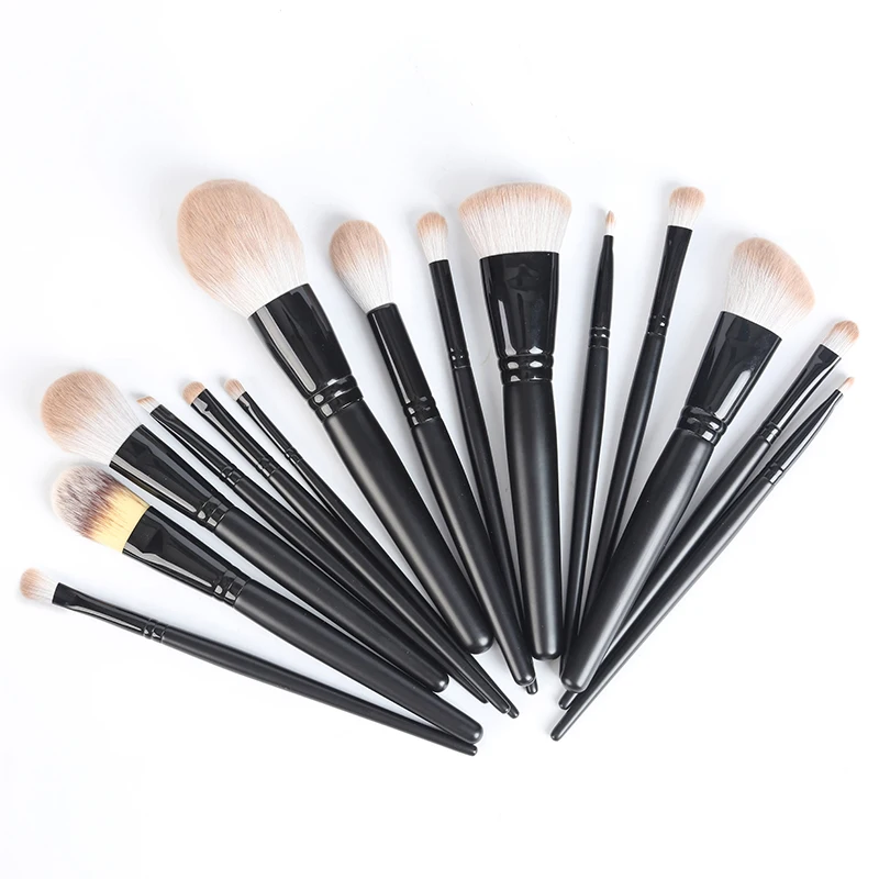 

HXT-107 15 pcs Natural High Quality Full Face Makeup Brushes Set With with Copper Handle