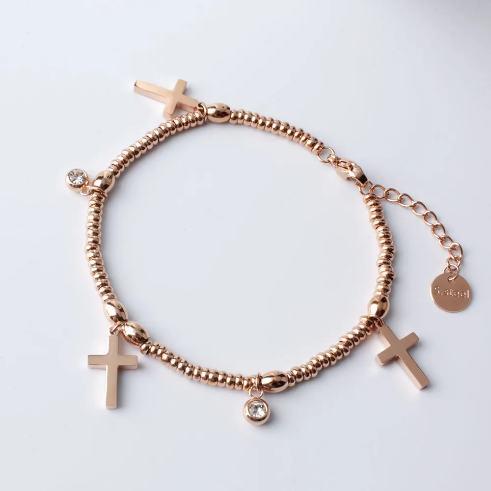 

Fine4U F4U-B113 women fashion jewelry rose gold plated stainless steel charm religious christian cross bracelet