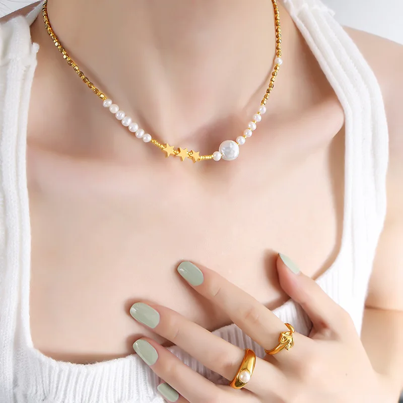 

New Arrival Luxury Personalized Baroque Pearl Necklace Stainless Steel Star Pendant Necklace For Women
