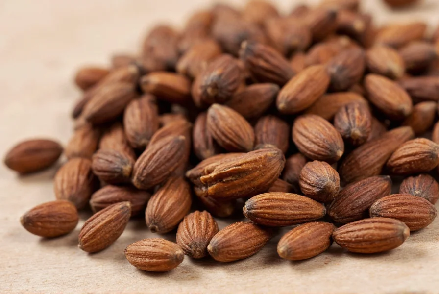 Close-up of anise seeds next to baking ingredients showing their brown oval shape and ridged texture