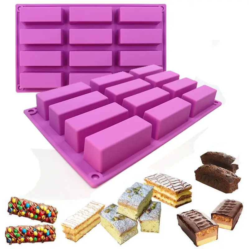 

12 Cavities Food Grade Approved Rectangle Shaped Baking Tools Design Handmade 3D Mold Silicone Soap Molds, Purple