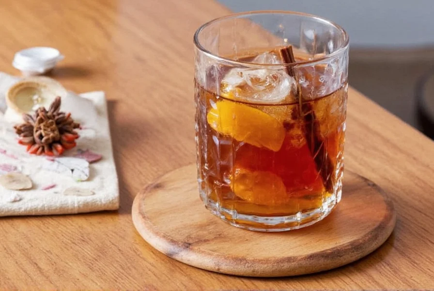 Close-up of allspice berries in a wooden bowl next to a bottle of allspice dram liqueur