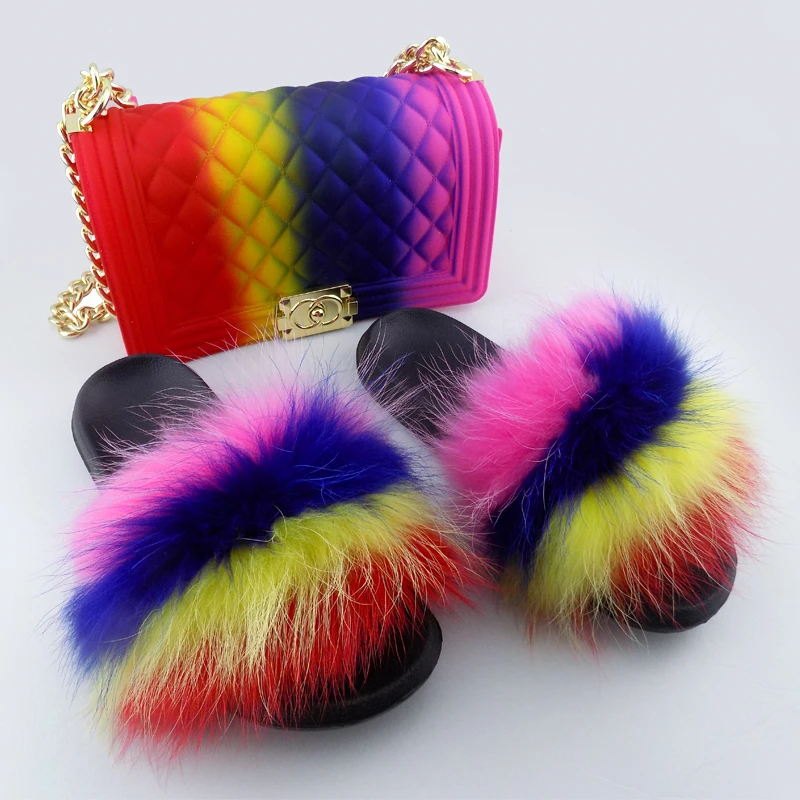 

Rainbow color hand bags shoulder matching jelly purse handbags mommy and me fur slides matching purse set, 7 colors