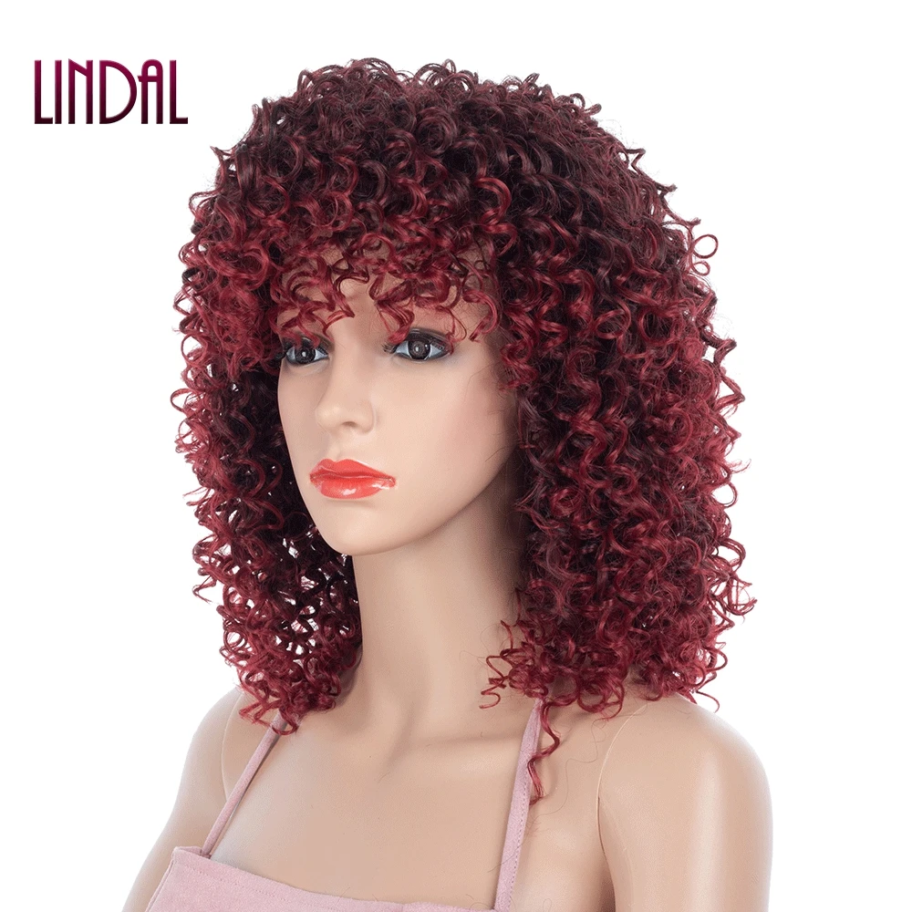 

LINDAL dropshipping burgundy color afro small kinky fringe wig wholesale synthetic curly hair extension for black women