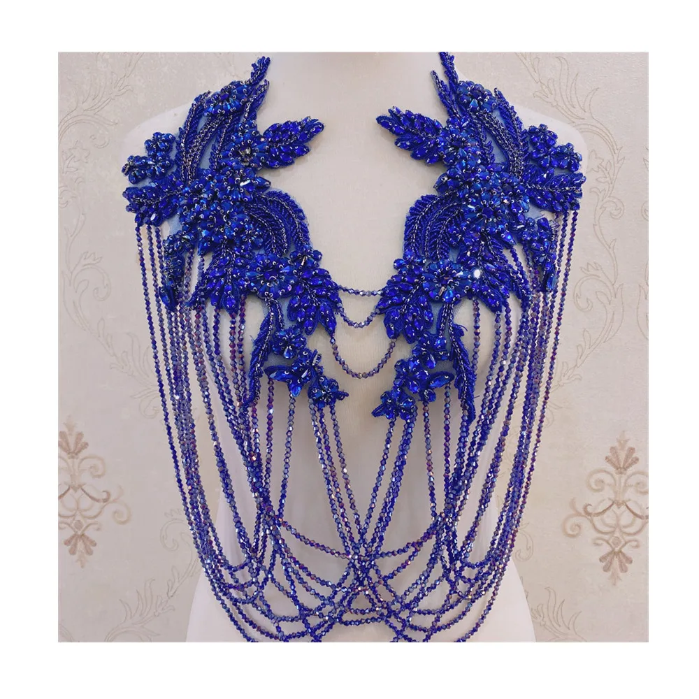 Silver Front Crystal Tassels Wedding Collar With Rhinestone  Beaded Tassels  Appliques Neckline