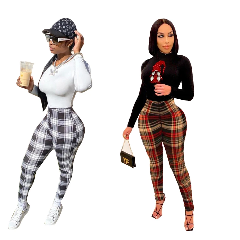 

79-5399 2021 New women's Sexy tight casual pencil pants fashion plaid Leggings wholesale womens boutique clothing