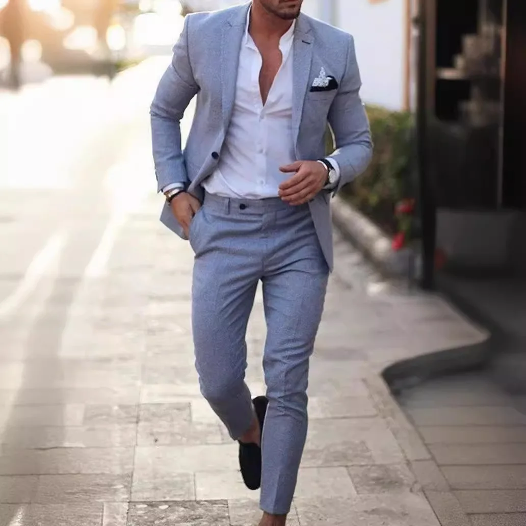 M-6XL Large Suit Set New Men's Suit Two-piece Set Single Row One Button Solid Color Suit+2-piece Pants Set