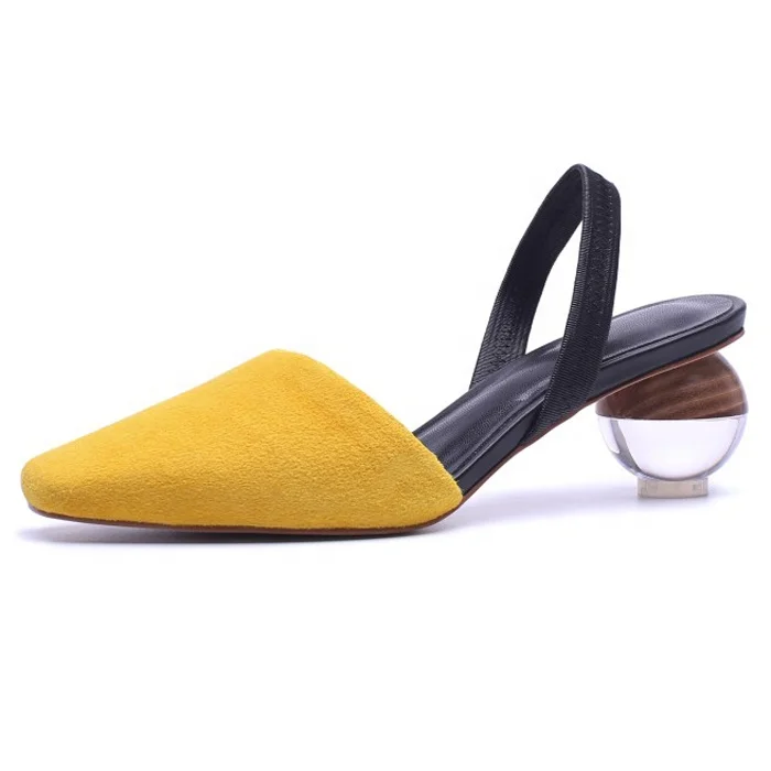 

Factory Unique Design Women Square Toe Slingbacks Shoes Crystal Ball Round Heel Pumps Ladies Suede Dress Shoes Sandals, White yellow