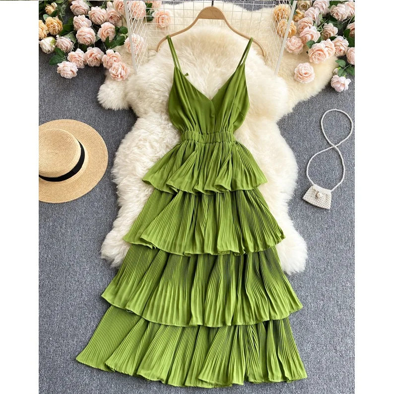 

2022 New Summer Sexy V-Neck Sheath Midi Crimping Seaside Spaghetti Strap Resort Wear Ruffle Beach Dresses For Women