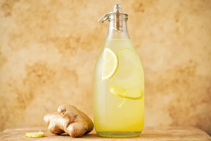 Four glasses of ginger water with different variations including lemon slices and mint leaves
