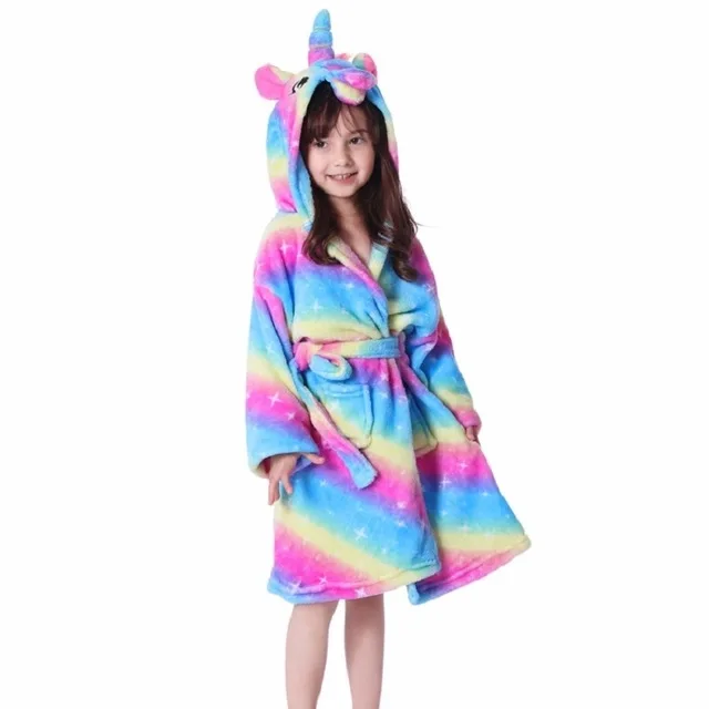 

LH2 Wholesale Cartoon Kids Pajamas Colorful Cute Animal Sleepwear Nightwear Soft Unicorn Hooded Girl Bathrobe For Children, Picture shows
