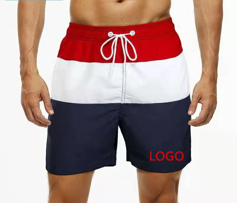 

Wholesale Men's Custom LOGO Beach Pants Stitching High Waist Large Size Loose Swimming Shorts Seaside Beach Swimming Shorts, 3 color