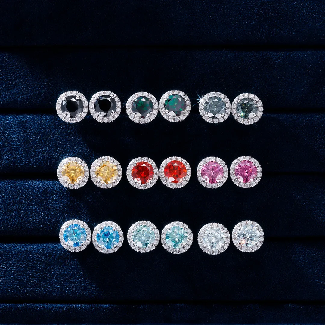 

Pass Diamond Tester 1ct Moissanite Birthstone Halo Ear Stud 925 Sterling Silver Hip Hop Jewelry Screw Back Colorful Earrings