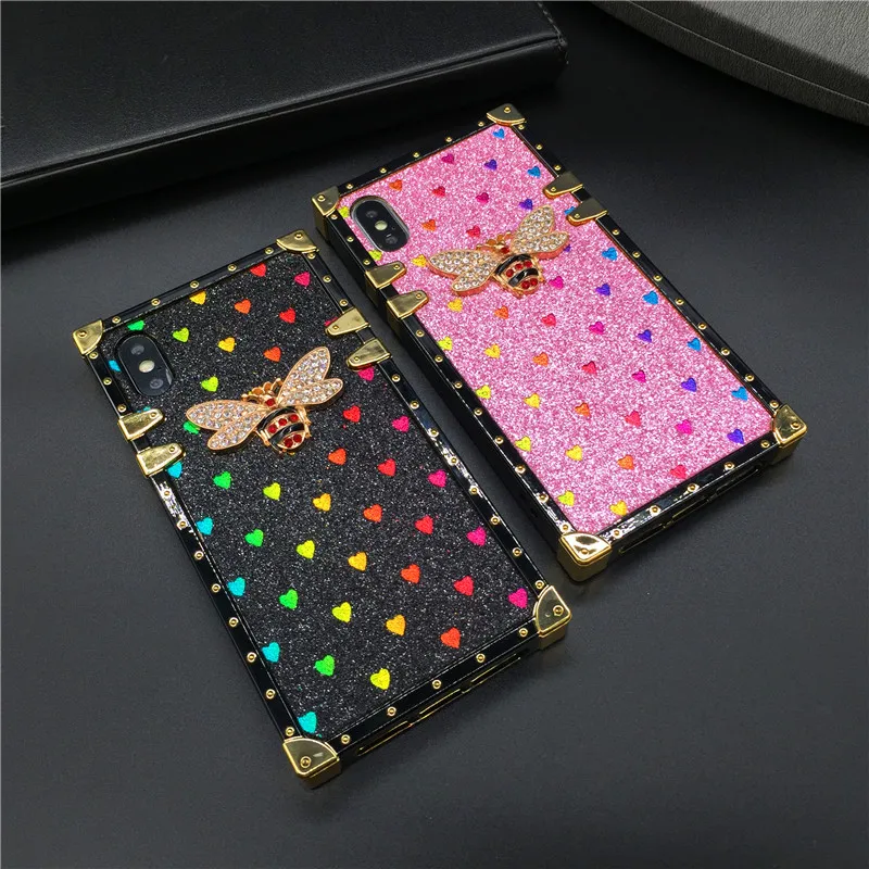 

Luxury Square Case for iPhone X XS Max XR Fashion Heart Glitter Bee Cover Phone Cases for iphone 11 PRO MAX 7 8 Plus 6 6S Coque
