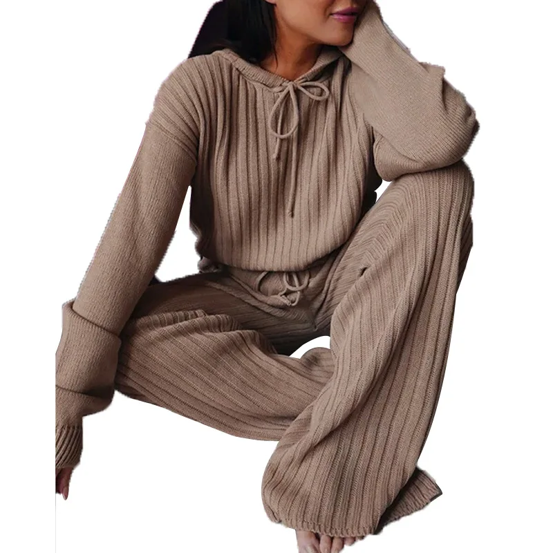 

Ribbed Knitted 2 Two Piece Set Women Long Sleeve Hoodie Sweatshirt Wide Leg Sweat Pants Fitness Matching Sets Ensemble Femme