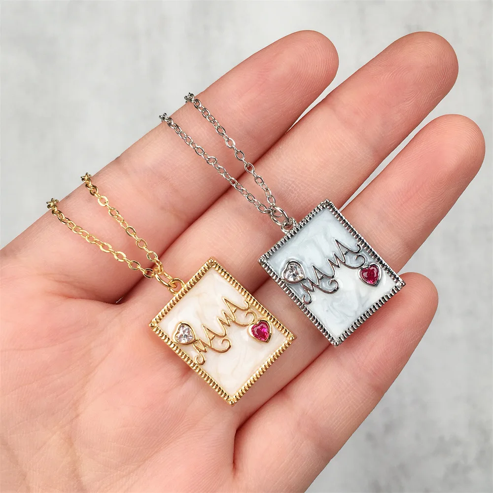 

Mothers Day Gift Crystal Engraved MAMA Pendant Necklace Square Card Shape Oil Drop MAMA Letter Initial Necklace
