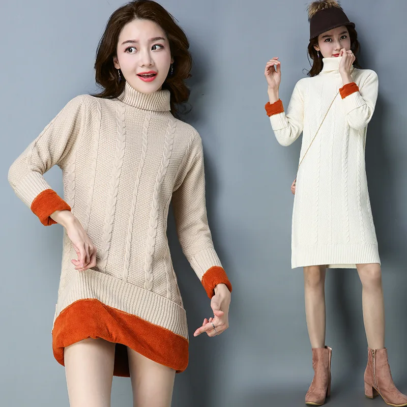 

Winter thick fleece inside women turn down collar cable knitted long sweater, Grey,deep grey,navy,bordeaux