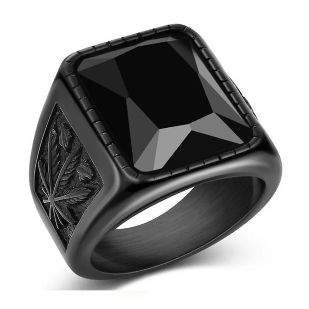 

Titanium steel men ring hip hop hemp leaf black ruby stainless steel ring