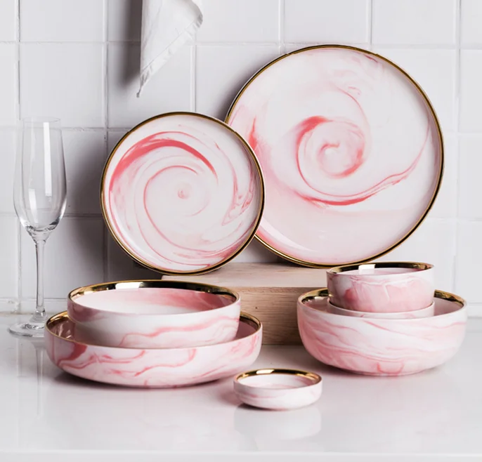New Season Products Rose Gold Ceramic Set Dinner Dish Plates Set
