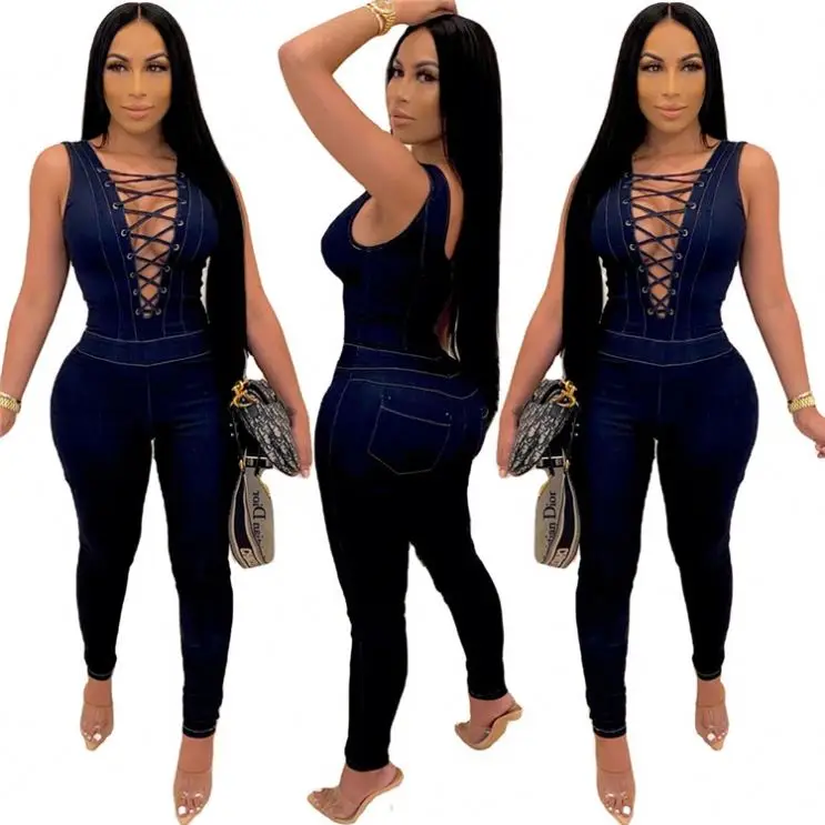 

D96439 New Design Ladies Sexy Hollow Out Bandage Sleeveless Bodycon Denim Jumpsuit 2021 Women One Piece Jumpsuits