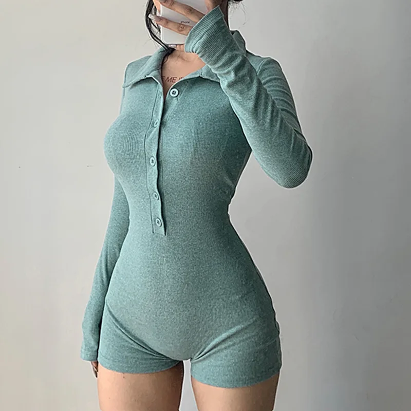 

Knitted Hollow out bandage Bodysuit One Piece Short Jumpsuits Women High Street Lapel Rib long sleeve Button Shorts Jumpsuit