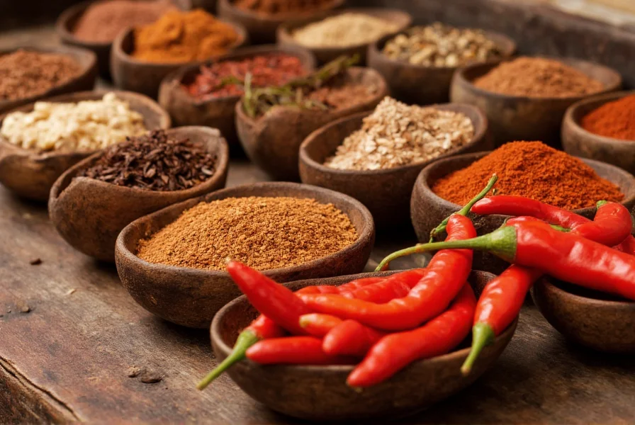 Close-up photograph of various chili peppers and spices arranged in small bowls for making homemade chili mix