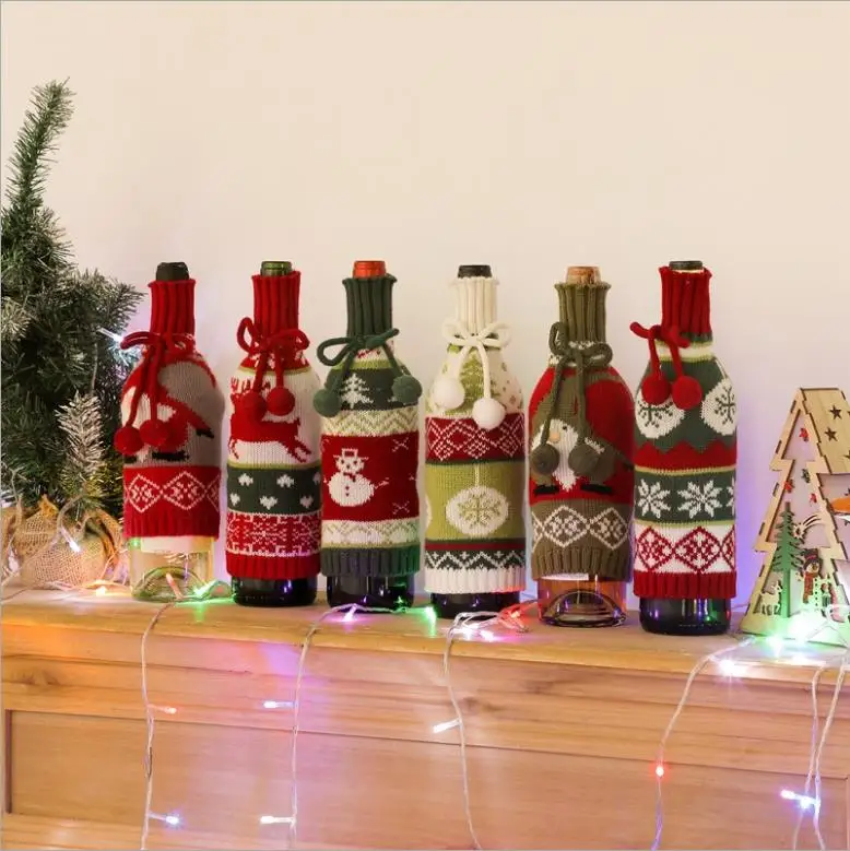 

Wholesale knit Christmas Wine Bottle Cover for Christmas Dinner Table Decorations canteen free shipping