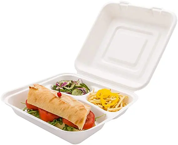 

High Quality 9x9inch 3 Compartment Sugarcane Bagasse Pulp Disposable Take Away Lunch Box, White or natural