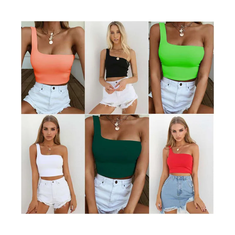 

Wholesale summer Beach Vest cheap pure color knitted sleeveless vest crop top sweater one shoulder crop top sexy Tank Tops, Shown