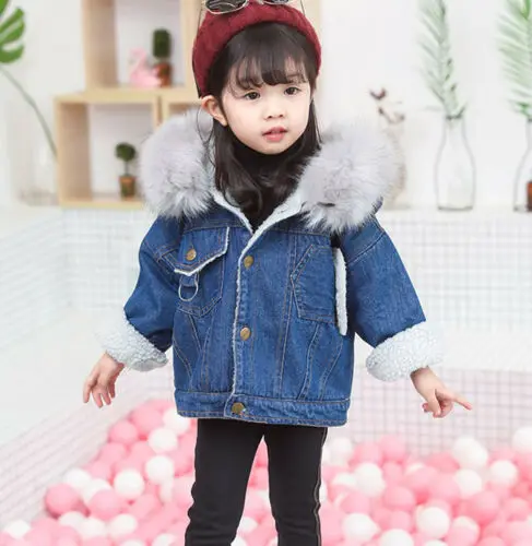 

Kids Girls Baby Denim Parka Warm Winter Fur Collar Hooded Jacket Warm Thick Coat