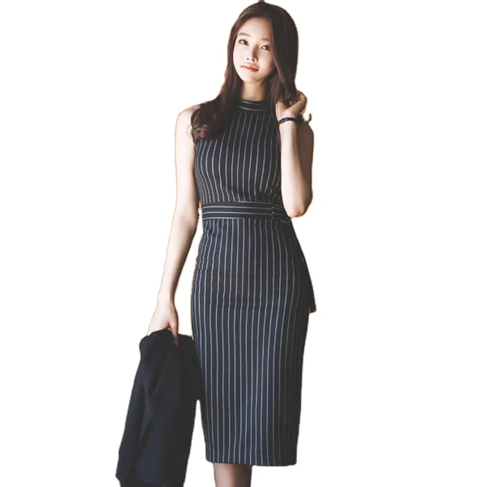 

Wholesale Women Spring Striped Dresses Coat Sets Ladies Sleeveless Dresses and Cloak Women Two Piece Black Dresses Vintage Stand