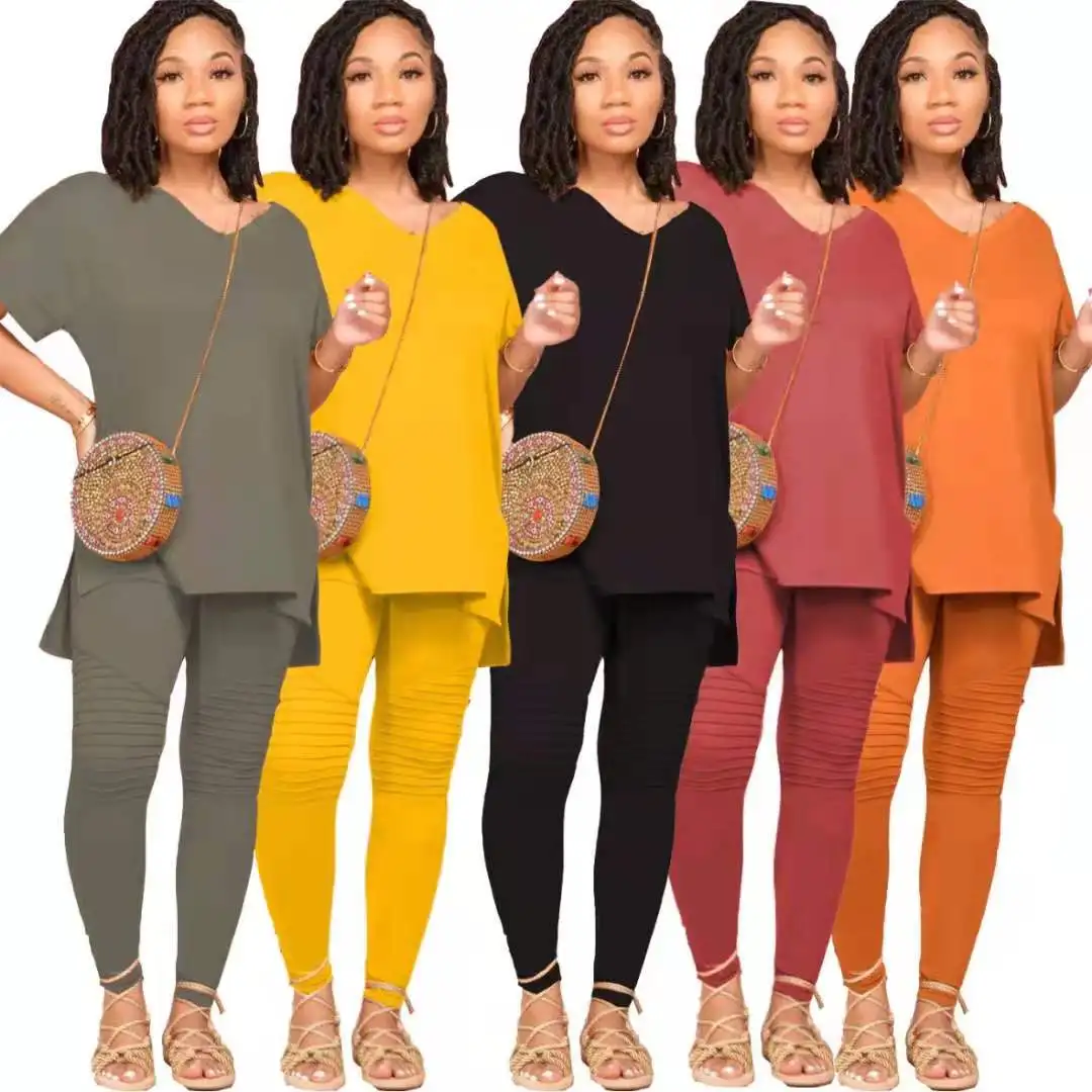 

Summer 2021 comfortable solid color two piece pants set women V neck tshirt and leggings set lounge wear, 6color as picture