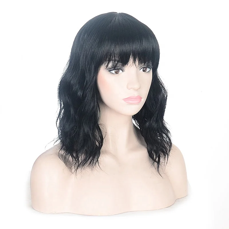 

Women's Long Bob Wig Air Bangs Curly Wig, Black