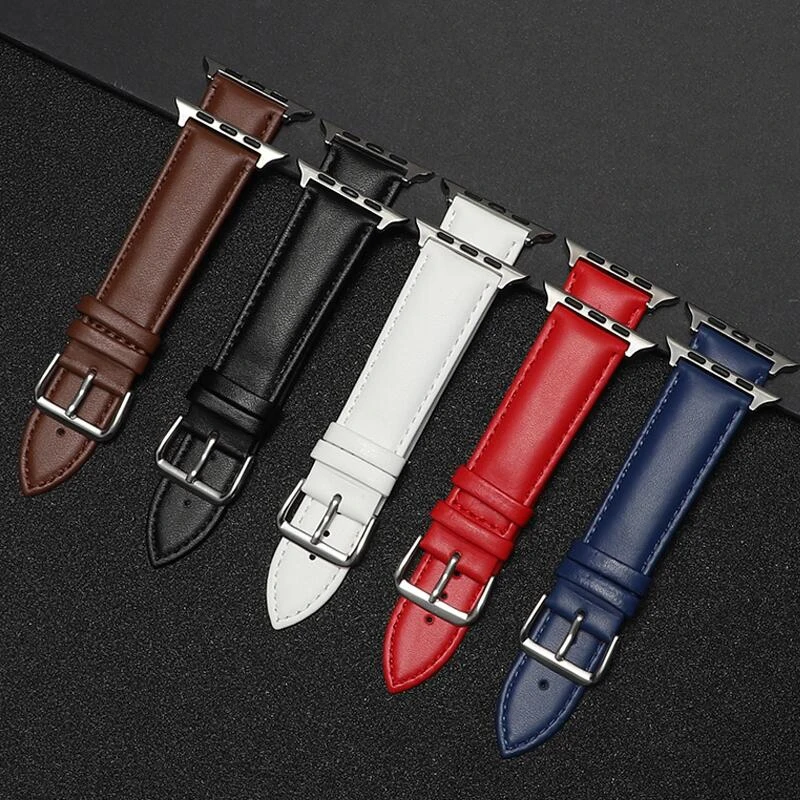 

44mm sport waterproof genuine leather watch strap for applr watch band charm with stainless steel buckle, White, black, brown, blue, red